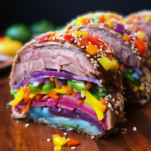 recipe for a colorful Pride version of Beef on Weck, a staple of Buffalo, NY: Ingredients for 🌈🏳️‍🌈 Beef on Weck: - 🥩2 lb roast beef - 🥖Kümmelweck rolls (rolls topped with coarse salt and caraway seeds) - 🧈Butter - 🌈Edible food coloring in rainbow colors - 🍽️Horseradish for serving Instructions for 🌈🏳️‍🌈 Beef on Weck: 1. 🍳 Slow cook your roast beef to your liking. Once cooked, slice it thinly. 2. 🌈 With food-safe brushes, lightly brush each slice of beef with a different color of food coloring. 3. 🥖 Cut your Kümmelweck rolls in half. Butter the inside of each roll if desired. 4. 🥩 Pile your rainbow-colored beef slices high on the bottom half of each roll. 5. 🍽️ Top the beef with a dollop of horseradish, or to taste. 6. 🥖 Cover each sandwich with the top half of the roll. 7. 🍴 Serve your Pride Beef on Weck sandwiches immediately and enjoy this colorful take on a Buffalo classic! Remember, the food coloring is optional and for fun presentation only. Always use food-safe coloring and be aware that some people may be sensitive to it. Enjoy the spirit of the Pride celebration with this colorful twist on Beef on Weck!, in the style of foodie instagram, --q 5 --v 5.2