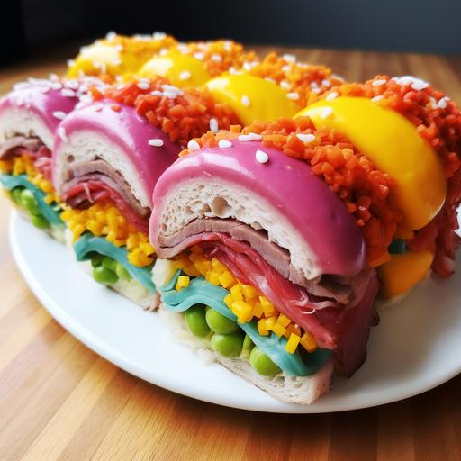 recipe for a colorful Pride version of Beef on Weck, a staple of Buffalo, NY: Ingredients for 🌈🏳️‍🌈 Beef on Weck: - 🥩2 lb roast beef - 🥖Kümmelweck rolls (rolls topped with coarse salt and caraway seeds) - 🧈Butter - 🌈Edible food coloring in rainbow colors - 🍽️Horseradish for serving Instructions for 🌈🏳️‍🌈 Beef on Weck: 1. 🍳 Slow cook your roast beef to your liking. Once cooked, slice it thinly. 2. 🌈 With food-safe brushes, lightly brush each slice of beef with a different color of food coloring. 3. 🥖 Cut your Kümmelweck rolls in half. Butter the inside of each roll if desired. 4. 🥩 Pile your rainbow-colored beef slices high on the bottom half of each roll. 5. 🍽️ Top the beef with a dollop of horseradish, or to taste. 6. 🥖 Cover each sandwich with the top half of the roll. 7. 🍴 Serve your Pride Beef on Weck sandwiches immediately and enjoy this colorful take on a Buffalo classic! Remember, the food coloring is optional and for fun presentation only. Always use food-safe coloring and be aware that some people may be sensitive to it. Enjoy the spirit of the Pride celebration with this colorful twist on Beef on Weck!, in the style of foodie instagram, --q 5 --v 5.2