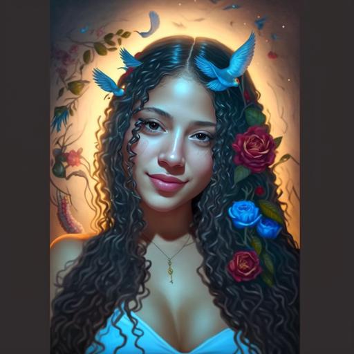 , recreate the image of this woman with sun rays illuminating her with roses around and blue birds, cartoon, --v 4