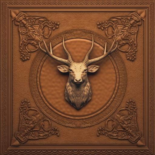 rectangle, background, brown leather, wallpaper, stitch border, buck head in the middle