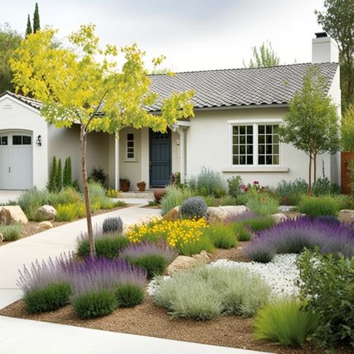 rectangle shaped front yard with the longer side facing the street, in front of a single-story ranch-style white house with grey roof, white stucco retaining wall around the house planted with lavendar, green japanese maple tree in the center of front yard, ground cover with gravel and mulch, lavendar, rosemary, hakone grass, feather grass, deer grass, boxwood, japense style, modern, extremely detailed, intricate details, UHD, 8K