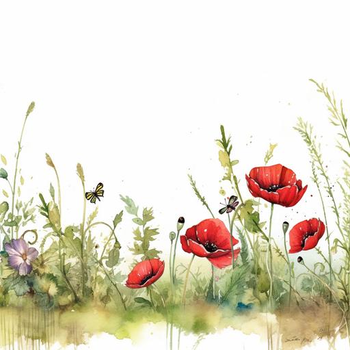 rectangle website header, white background, red poppy's, dragonflies and greenery--HD--Ar