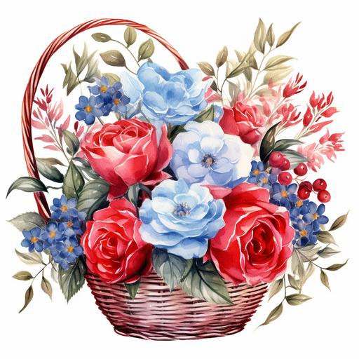 red and blue rose, peony flower basket watercolor style, white background, clean up