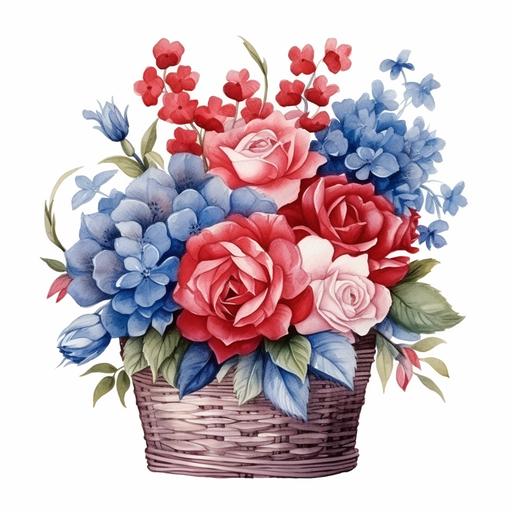 red and blue rose, peony flower basket watercolor style, white background, clean up