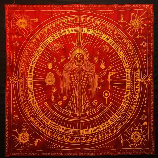 red and gold brass rubbing neanderthal style medicine man blanket siberian shamanic, four directions