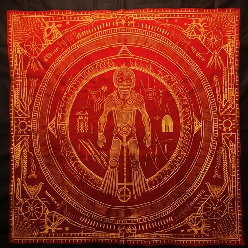 red and gold brass rubbing neanderthal style medicine man blanket siberian shamanic, four directions
