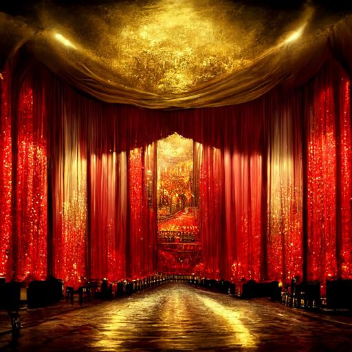 red and gold theater with velvet curtains, stage lights, moulin rouge, photo realistic, photography