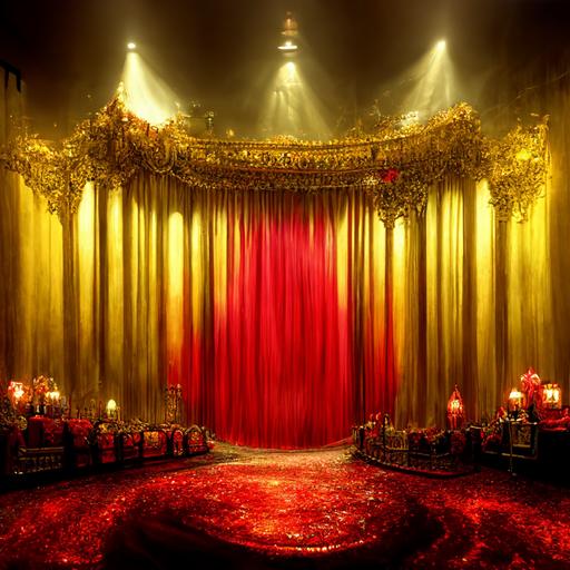 red and gold theater with velvet curtains, stage lights, moulin rouge, photo realistic, photography