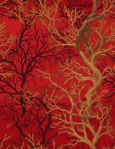 a red and gold woodland wallpaper with trees, in the style of twisted branches, high detailed --tile --ar 24:31 --upbeta --v 5