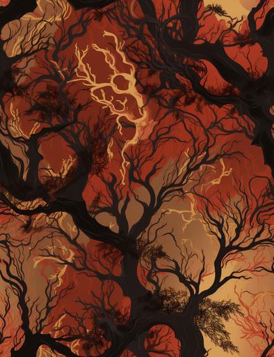 a red and gold woodland wallpaper with trees, in the style of twisted branches, high detailed --tile --ar 24:31 --upbeta --v 5