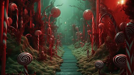 red and green candy cane forest with elves --ar 16:9