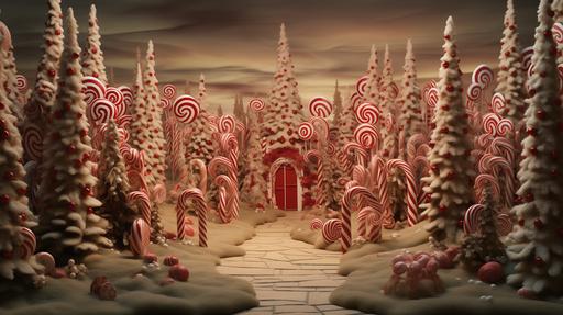 red and green candy cane forest with elves --ar 16:9