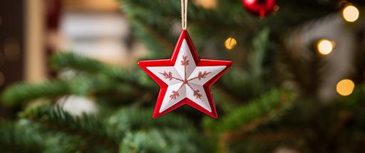 red and white christmas star ornament at back of tree in background, in the style of uhd image, embroidery art, wood, soft edges and blurred details --ar 64:27