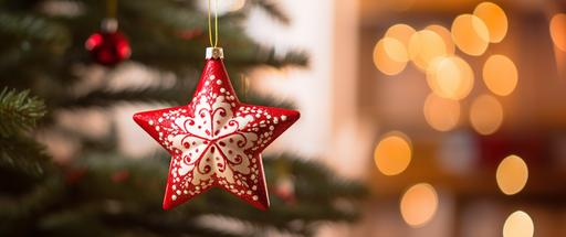 red and white christmas star ornament at back of tree in background, in the style of uhd image, embroidery art, wood, soft edges and blurred details --ar 64:27