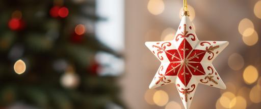 red and white christmas star ornament at back of tree in background, in the style of uhd image, embroidery art, wood, soft edges and blurred details --ar 64:27