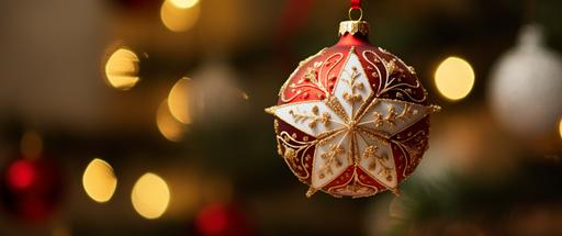 red and white christmas star ornament at back of tree in background, in the style of uhd image, embroidery art, wood, soft edges and blurred details --ar 64:27