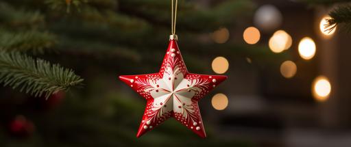 red and white christmas star ornament at back of tree in background, in the style of uhd image, embroidery art, wood, soft edges and blurred details --ar 64:27