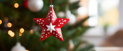 red and white christmas star ornament at back of tree in background, in the style of uhd image, embroidery art, wood, soft edges and blurred details --ar 64:27