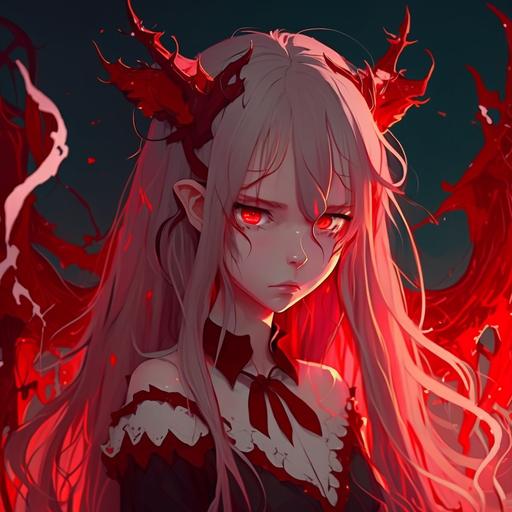 red anime 2d sad girl-demon does not look at the screen