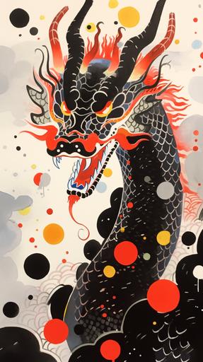 red background,black , red, yellow ,blue gouache polka dots make up a portrait of a dragon, Chinese characteristics of the dragon, gray ink line body, black scales, bordered by polka dots grass, ink gouache style, rice paper, wet painting, There is a lot of white space in the picture, Ruan Jia, Qi Baishi, ink painting, vividly bold designs --ar 9:16 --niji 5