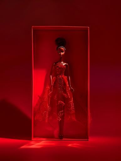 red barbie doll box on red plain background monochromatic --ar 3:4 --v 6.0