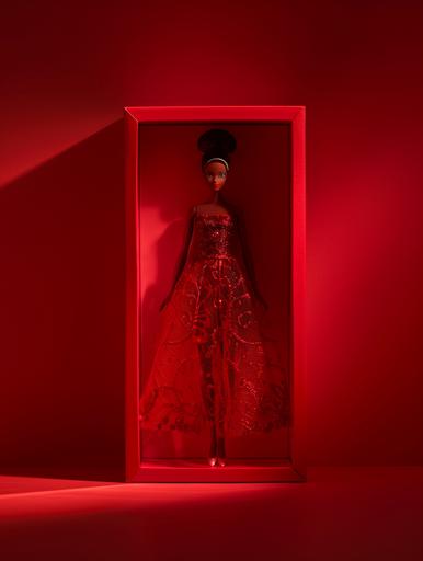 red barbie doll box on red plain background monochromatic --ar 3:4 --v 6.0