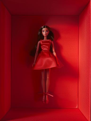 red barbie doll box on red plain background monochromatic direct soft light --ar 3:4 --v 6.0