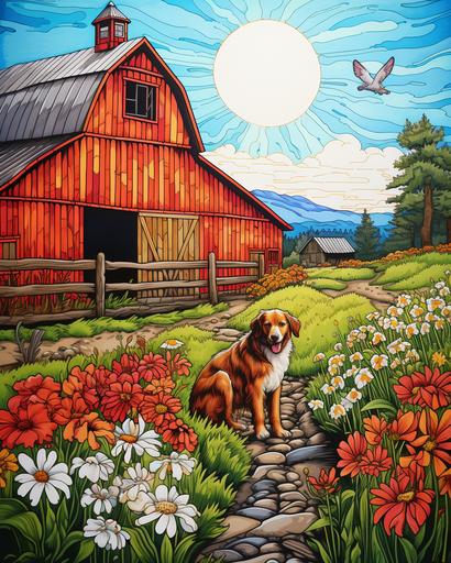 red barn and countryside painting with farm fence and colorful flowers, with a dog infront, in the style of detailed comic book art, contoured shading, ferrania p30, meticulously detailed, detailed shading, northwest school, storybook illustrations --ar 4:5