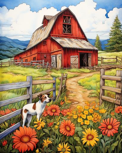 red barn and countryside painting with farm fence and colorful flowers, with a dog infront, in the style of detailed comic book art, contoured shading, ferrania p30, meticulously detailed, detailed shading, northwest school, storybook illustrations --ar 4:5