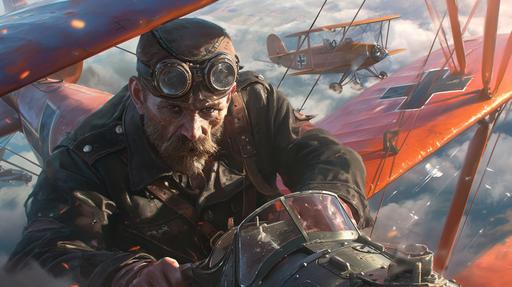 red baron clan dog eoseup emotional character design airplane pilot 19od in blimp10s peri leather jackn dog eerd goggles as a gerie et and goggles as a german dog eerie Sandu Baciu style dynamic perspective in action ft morning light octlying a biplane with german cross at morning light octane rendrman cross at morning light octer hyper detail --ar 16:9 --s 444 --niji 6