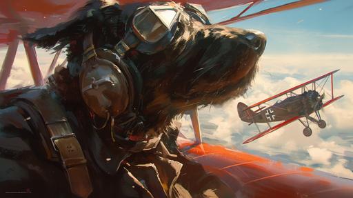 red baron closeup emotional character design airplane pilot 1910s period in blimp leather jacket and goggles as a german dog eerie Sandu Baciu style dynamic perspective in action flying a biplane with german cross at morning light octane render hyper detail --ar 16:9 --s 444 --niji 6