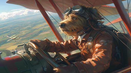 red baron closeup emotional character design airplane pilot 1910s period in blimp leather jacket and goggles as a german dog eerie Sandu Baciu style dynamic perspective in action flying a biplane with german cross at morning light octane render hyper detail --ar 16:9 --s 444 --niji 6