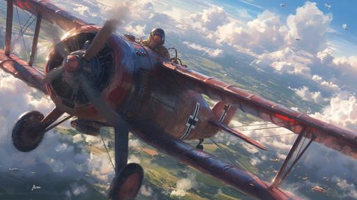 red baron closeup emotional character design airplane pilot 1910s period in blimp leather jacket and goggles as a german dog eerie Sandu Baciu style dynamic perspective in action flying a biplane with german cross at morning light octane render hyper detail --ar 16:9 --s 444 --niji 6