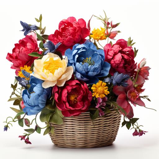 red, blue, yellow peony flower basket, white background