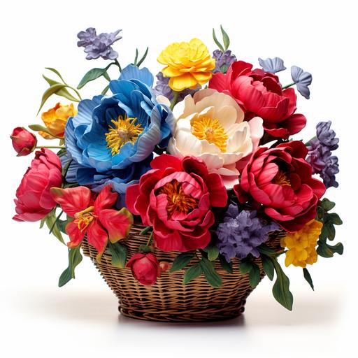 red, blue, yellow peony flower basket, white background