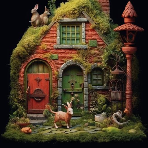 red brick, moss, cottagecore, frog wizard, goat playground --s 750 --v 5.1