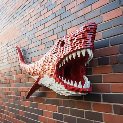 red brick pixel wall art of a shark jaw
