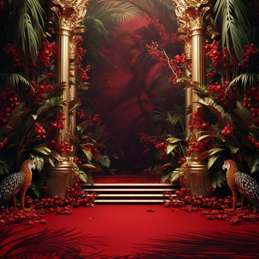 red carpet backdrop with jungle theame, exotic birds of paradise and cheetah print carpet, Vercase style, baroque, Cavalli, 4k, beautiful, fashion inspired: