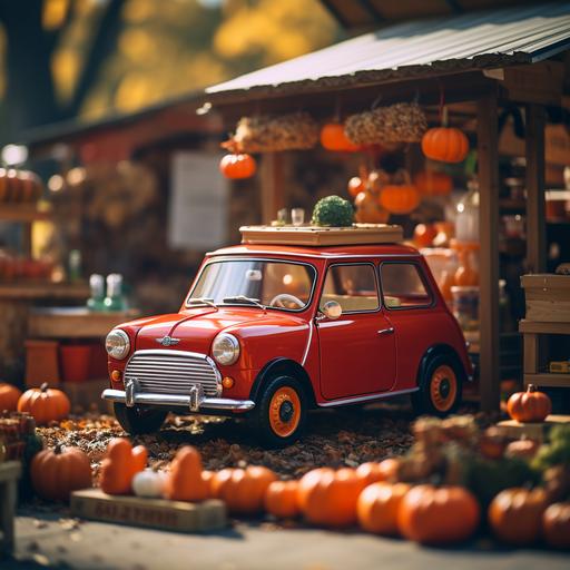 red classic mini cooper with pumpkins piled on top and strapped down at a 1960s vintage gas station in the fall mico tilt shift photograpy