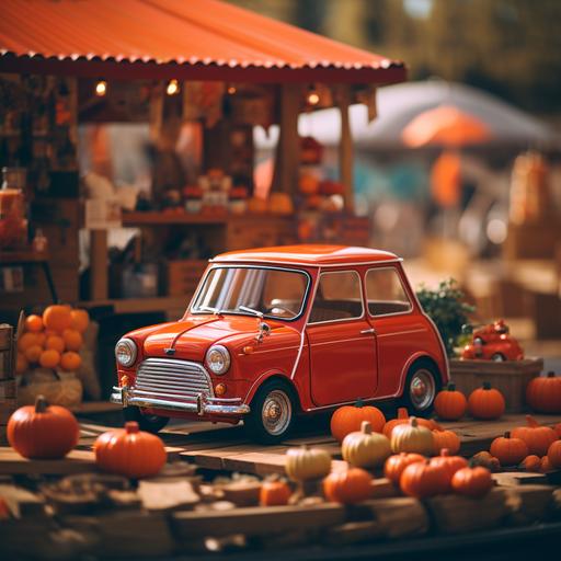 red classic mini cooper with pumpkins piled on top and strapped down at a 1960s vintage gas station in the fall mico tilt shift photograpy