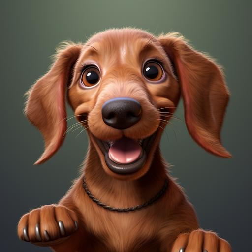 red dachshund character puppy playing tug, looking up at you, smiling, happy, love, sweet, hyper realistic, show whiskers, detailed character sheet