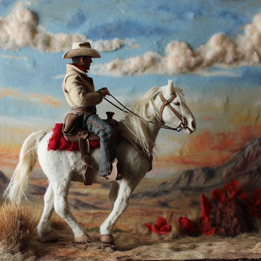 red dead redemption style needle felted cowboy riding a white horse through valentine daytime high detailed --v 6.0 --style raw