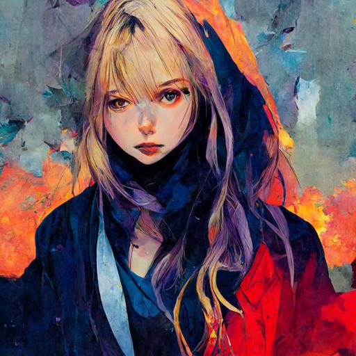 red eyes, dark skin, long blonde hair girl. red jacket, black skirt, blue t-shirt. outdoor, evening. jujutsu kaisen, violet evergarden, batik, teen, solo, abstract splash art.