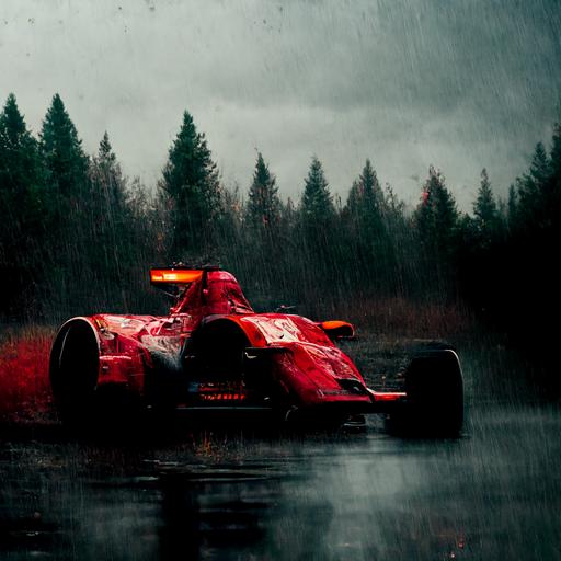 red f1 car, fast, rain, dusk, forest, trees, race car