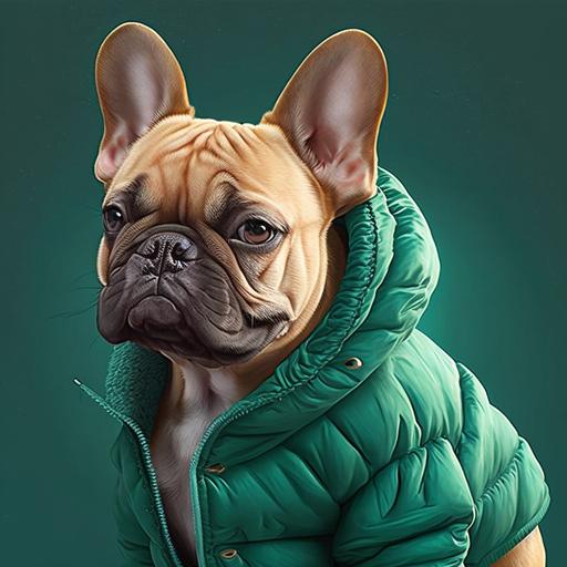 red fawn French bulldog in a green puffer jacket in Disney theme