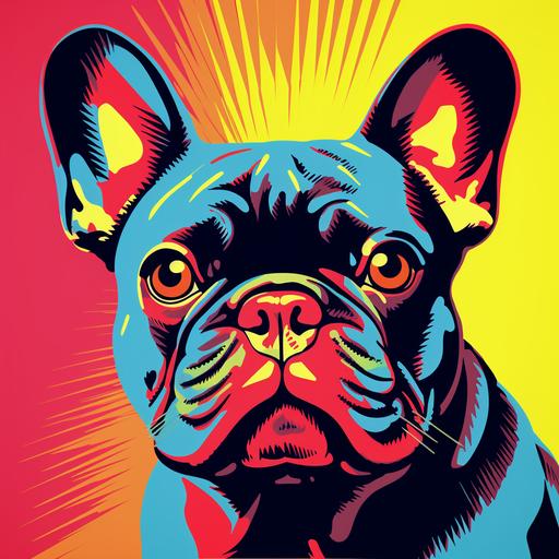 red fawn french bulldog in the style of pop punk art borrowing from Andy Warhol and Roy Lichtenstein