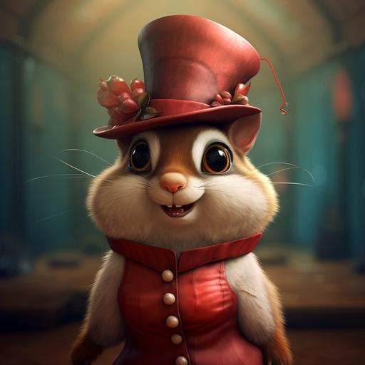 red, female, squirrel, cartoon, circus costume, whimsicle, big eyes, fat cheeks