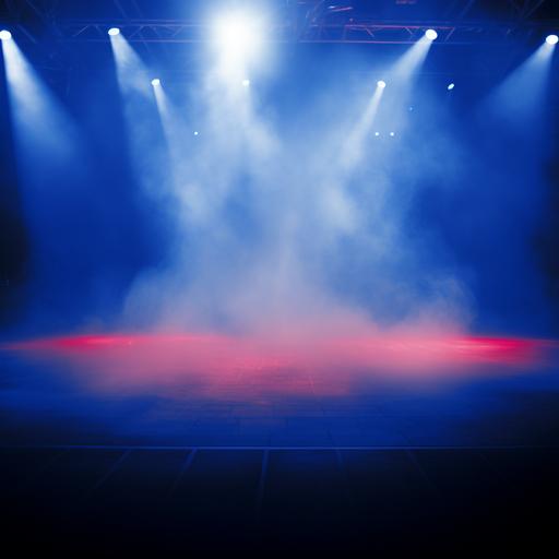 red floor, royal blue background, and a white spotlight shining down as if it's a player introduction at a sporting event, white fog rising, royal blue smoke