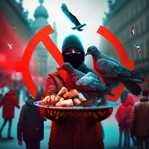 red foreground ban sign on hands of people feeding pigeons in the background with garbage