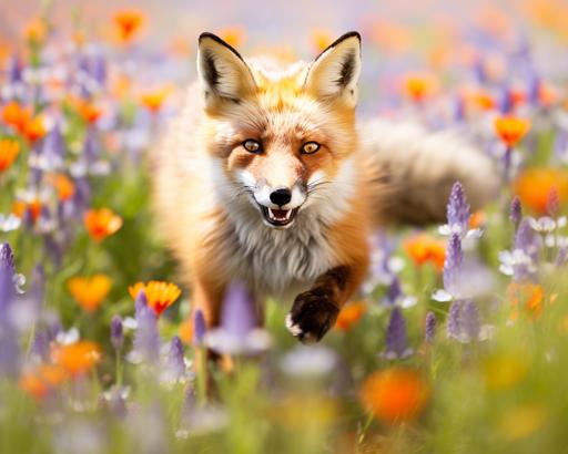 red fox running through a flower meadow, time-lapse motion blur --ar 10:8